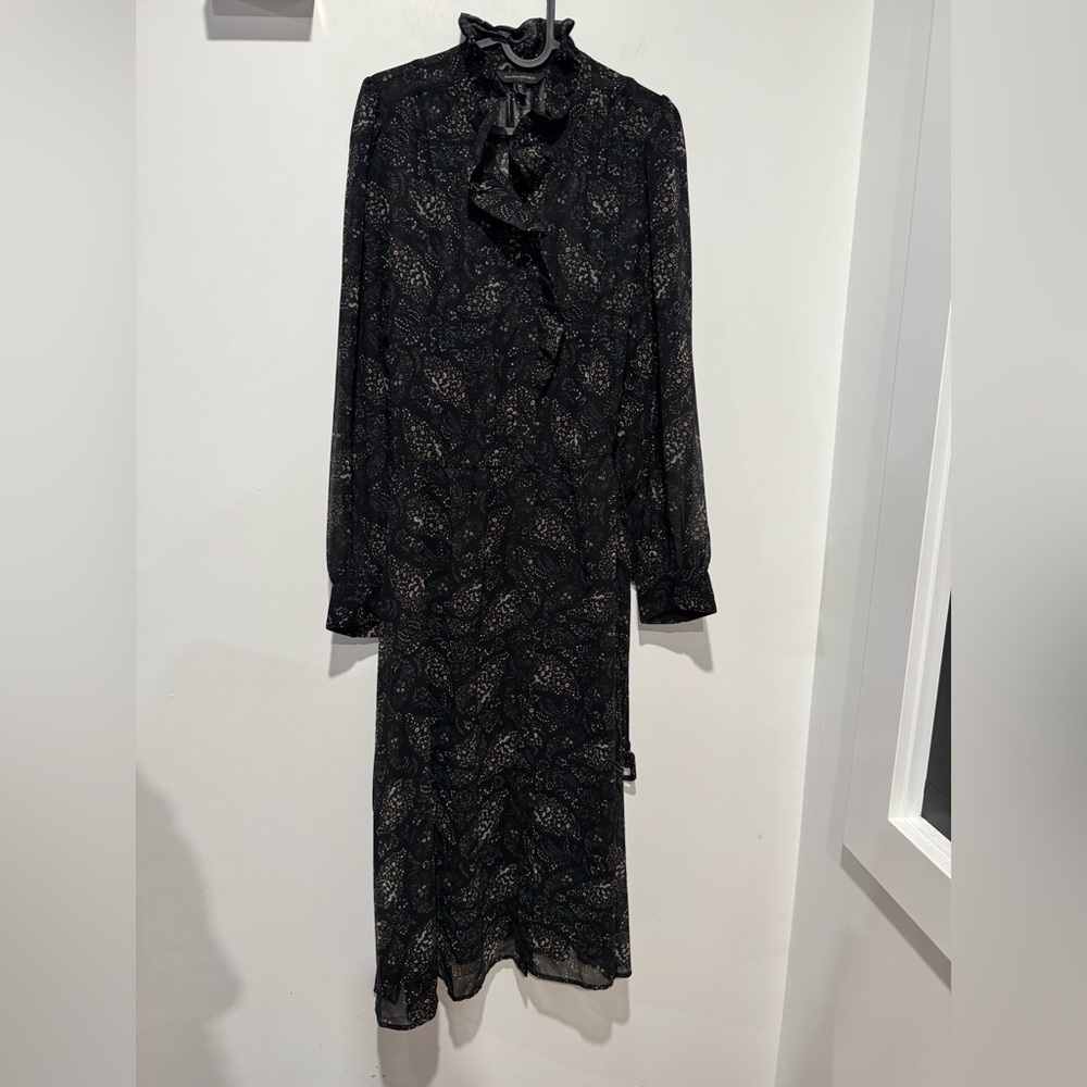 Banana Republic Black Floral Button Down Long Sleeve Midi Dress